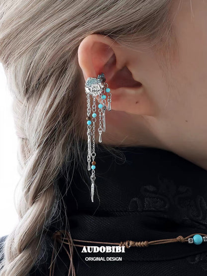 Plume Collection 18K Platinum Plating Tibet Mountain Turquoise & Tiger Eyes Tassel Earcuffs