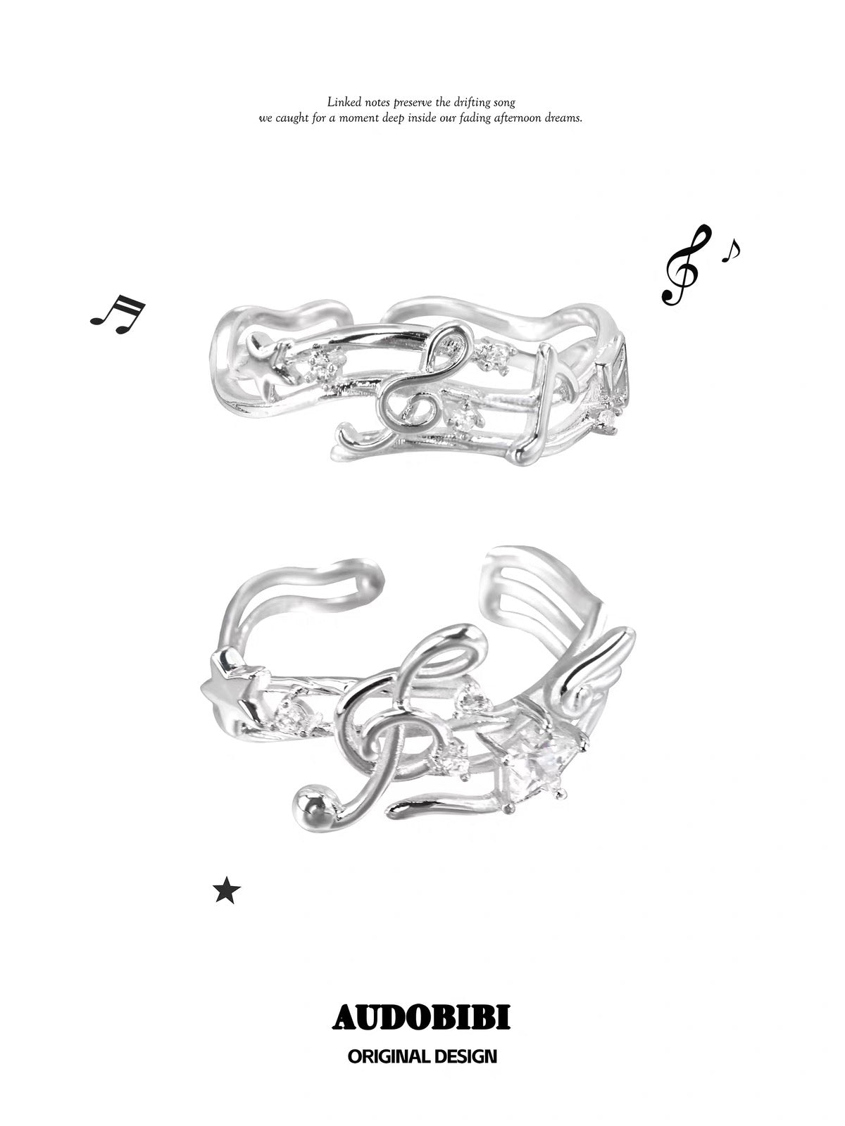 Melody Etude S925 Sterling Silver Sheet Music Couple Ring
