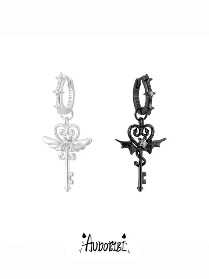 Little Devil 18K Platinum Plating Angel & Demon Heart Key Huggie Earrings