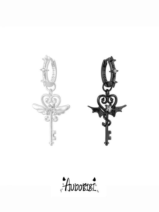 Little Devil 18K Platinum Plating Angel & Demon Heart Key Huggie Earrings