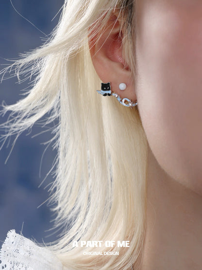 Windy Black Cat & White Dog 18K Platinum Plating Detachable Earrings