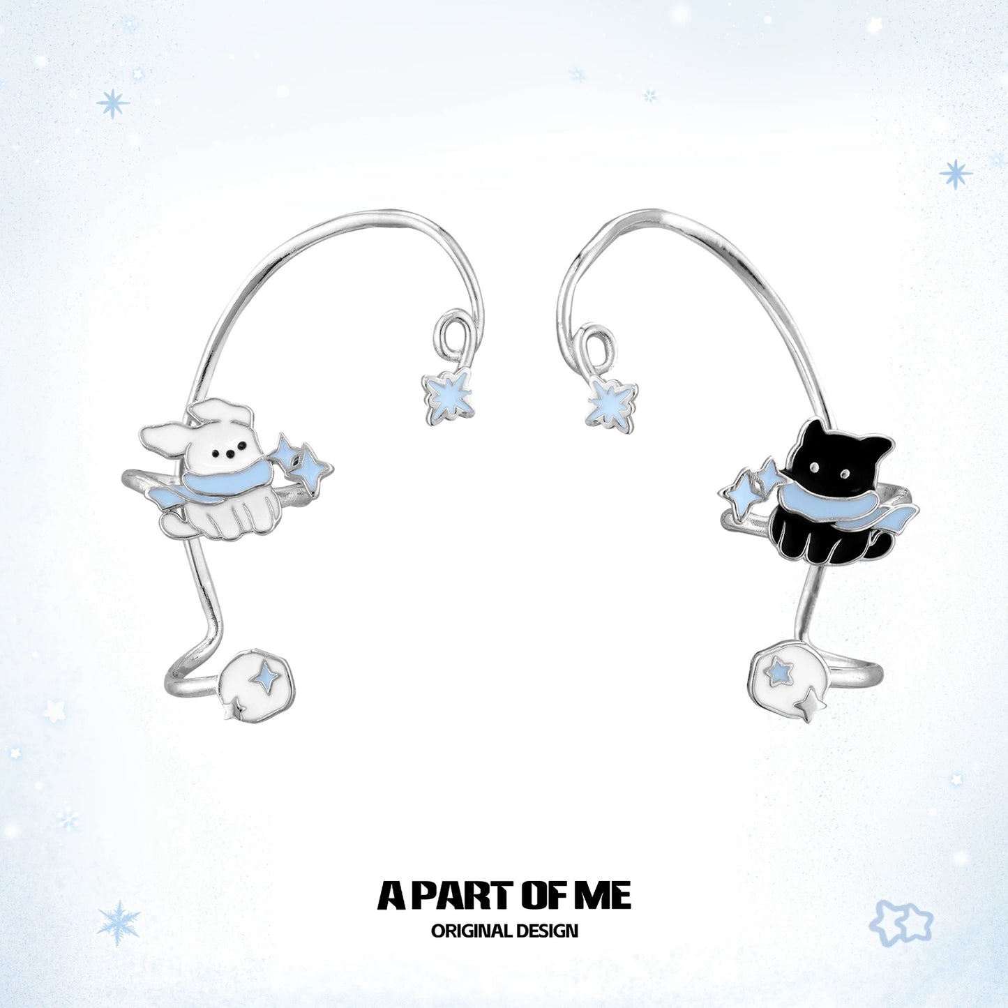 Windy Black Cat & White Dog 18K Platinum Plating Winter Ear Wraps