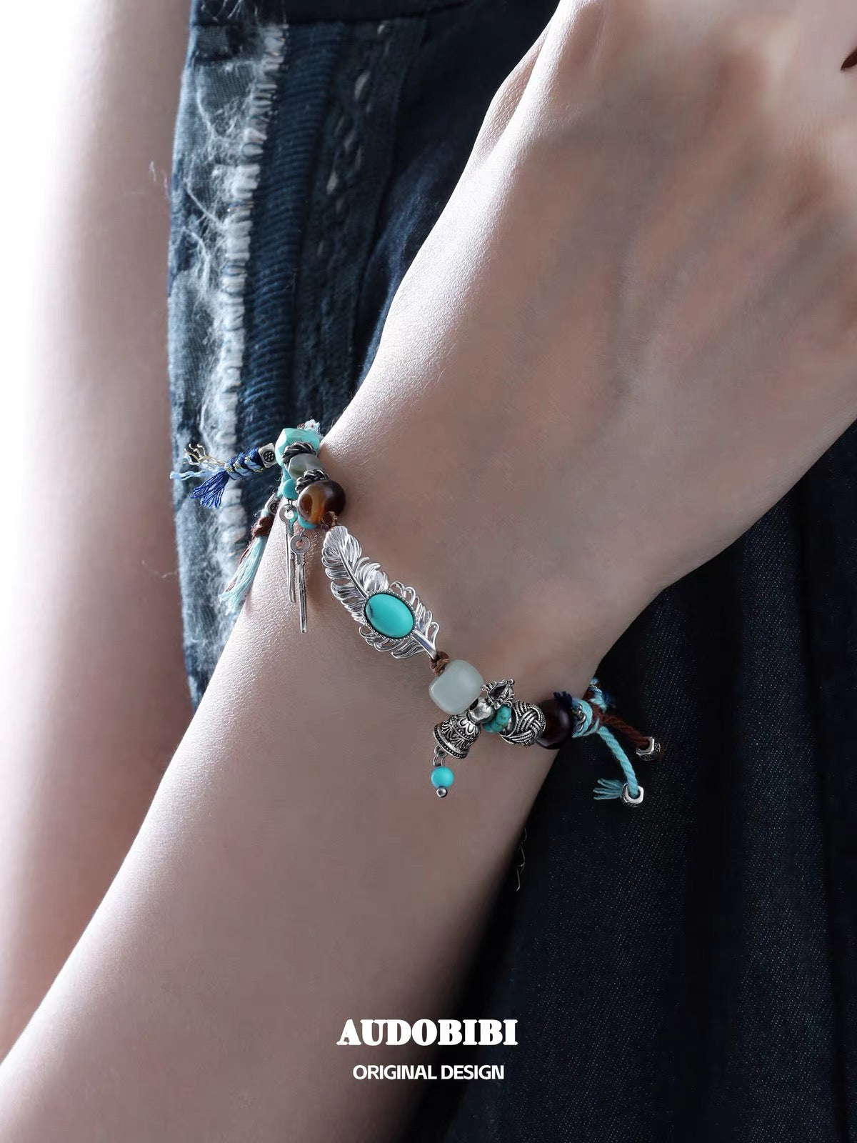 Plume Collection 18K Platinum Plating Hand-braided Cord Turquoise & Agate Bracelet