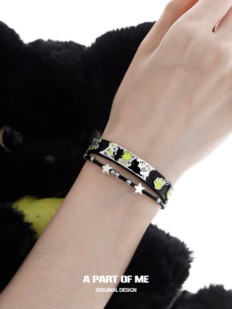 Apple Cat 18K Platinum Plating & Leather Black Cat Green Apple Belt Bracelet