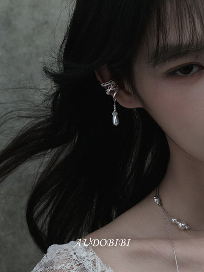 Dreaming in Lace 18K Platinum Plating Pearl Dangle Earcuffs