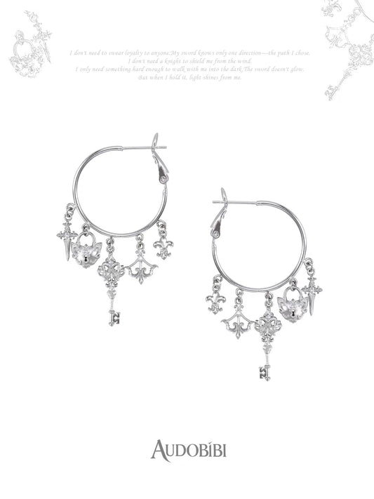 The Knight 18K Platinum Plating Sword & Shield Charms Hoop Earrings