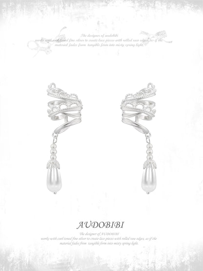 Dreaming in Lace 18K Platinum Plating Pearl Dangle Earcuffs