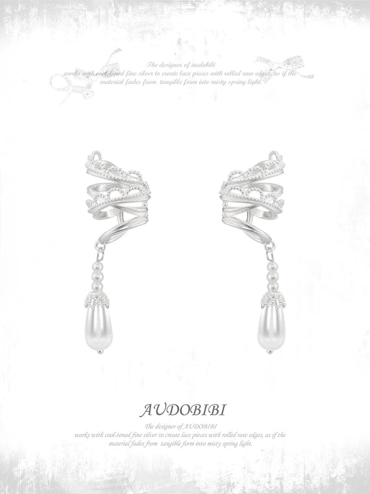 Dreaming in Lace 18K Platinum Plating Pearl Dangle Earcuffs