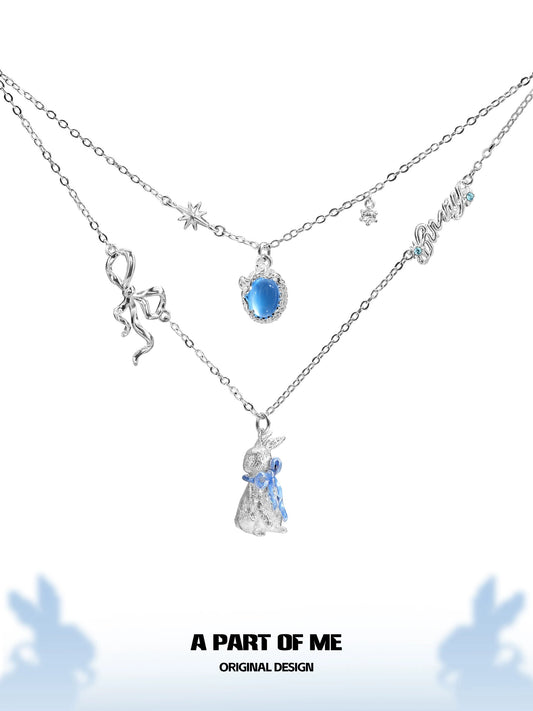 Snow Bunny Platinum Plating Synthetic Sapphire Double Layer Necklace