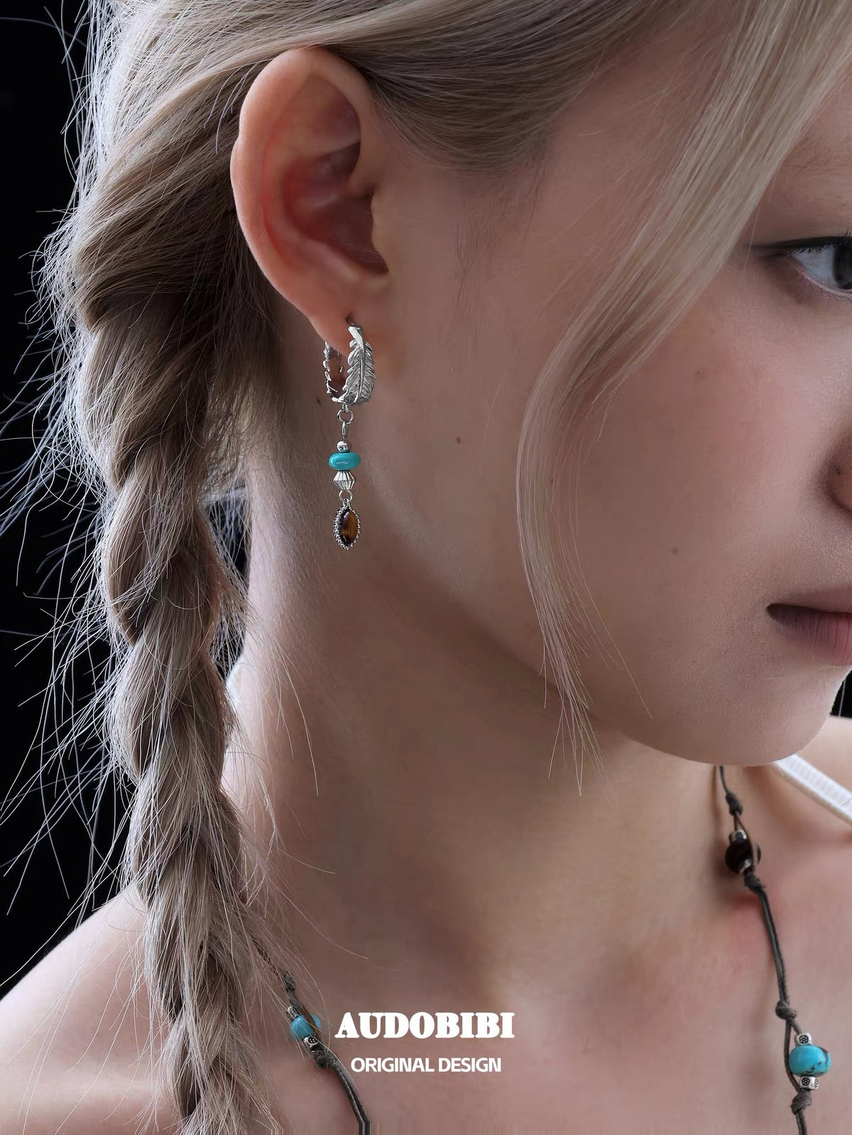 Plume Collection 18K Platinum Plating Turquoise & Tiger Eyes Stone Asymmetry Hoop Earrings