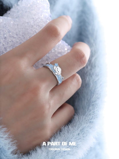 Picking Stars in the Snow S925 Sterling Silver Black Cat & White Puppy Couple Ring