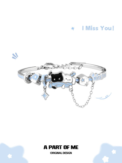 Snowy Black Cat & White Dog 18K Platinum Plating Bracelet