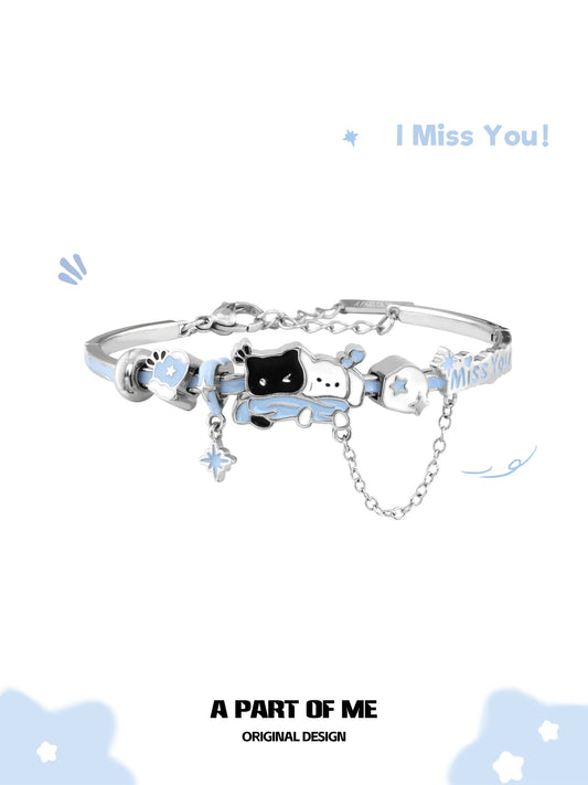 Snowy Black Cat & White Dog 18K Platinum Plating Bracelet