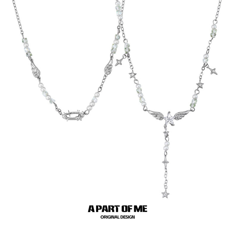 Angel Wings & Halo 18K Platinum Plating Pearl Stack Necklace