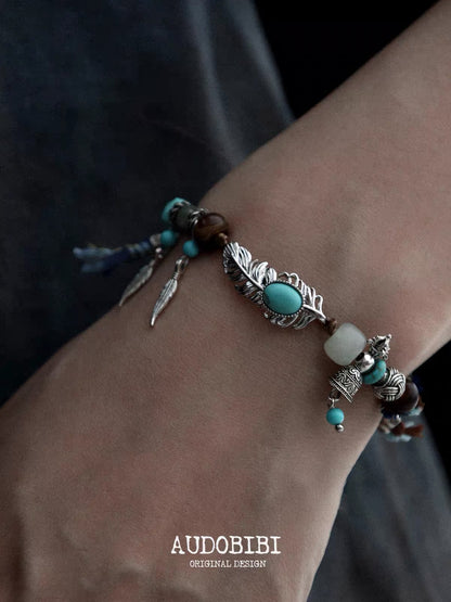 Plume Collection 18K Platinum Plating Hand-braided Cord Turquoise & Agate Bracelet