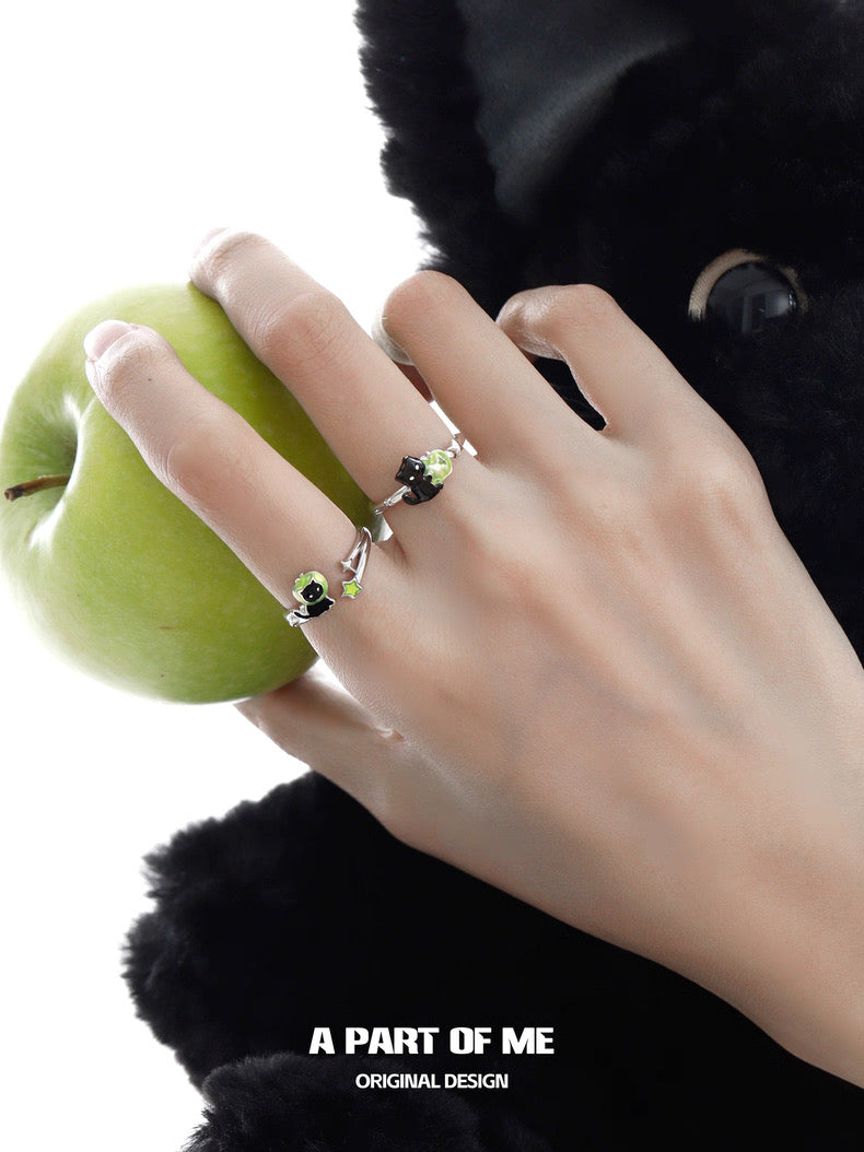 Apple Cat S925 Sterling Silver Black Cat & Green Apple Adjustable Rings