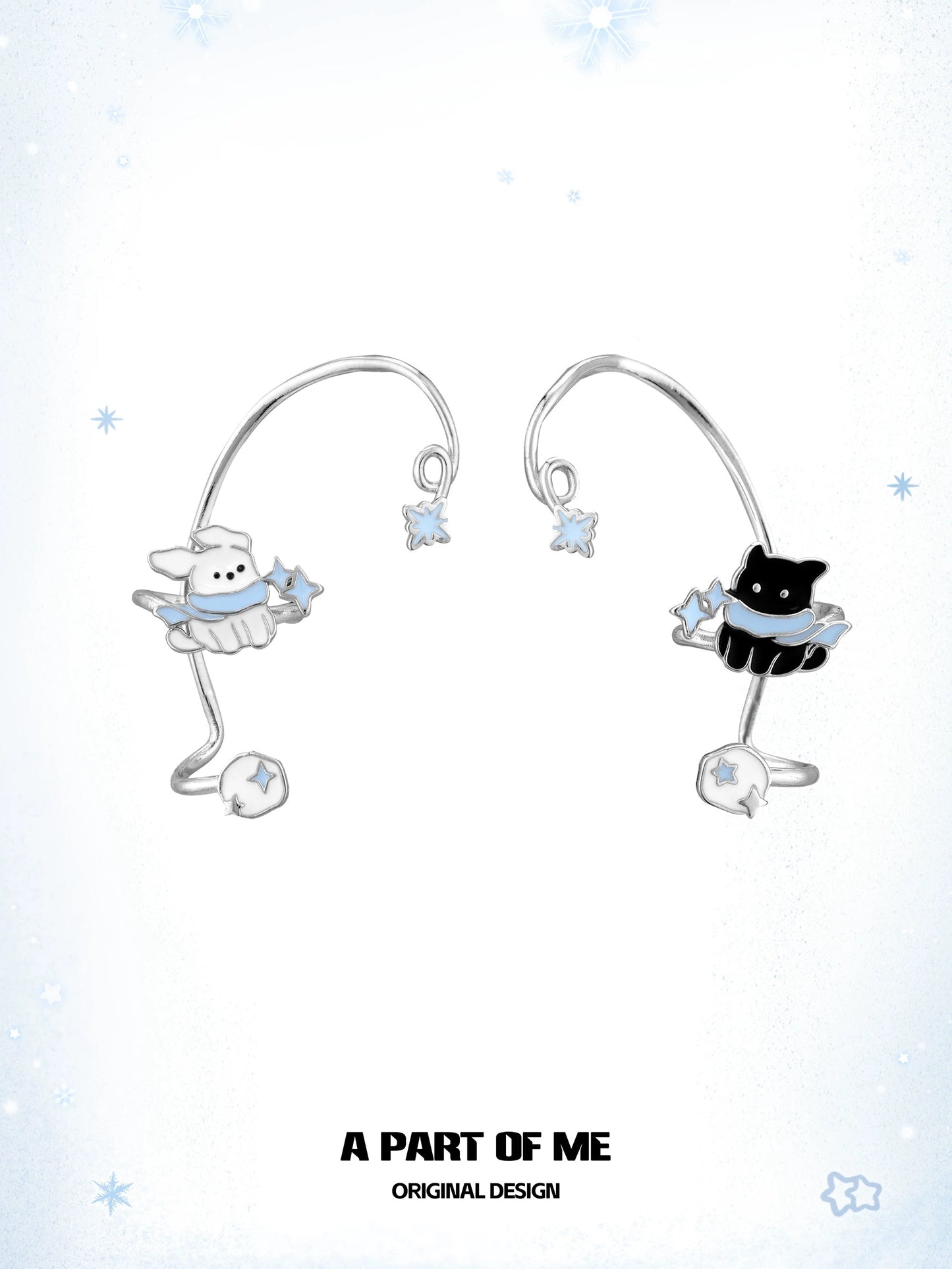 Windy Black Cat & White Dog 18K Platinum Plating Winter Ear Wraps