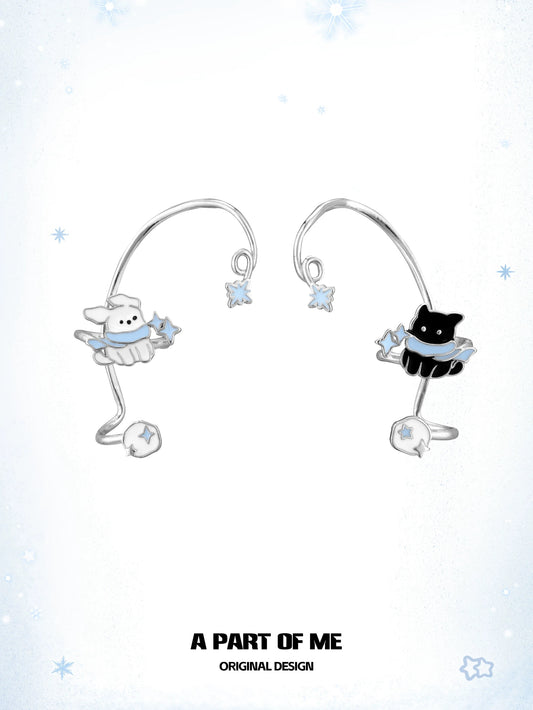 Windy Black Cat & White Dog 18K Platinum Plating Winter Ear Wraps