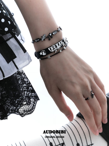 Melody Etude Faux Leather 18K Platinum Plating Black & White Piano Keys Belt Bracelet
