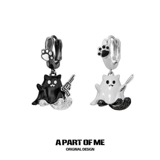 Ghost Kitten 18K Platinum Plating Huggies Earrings