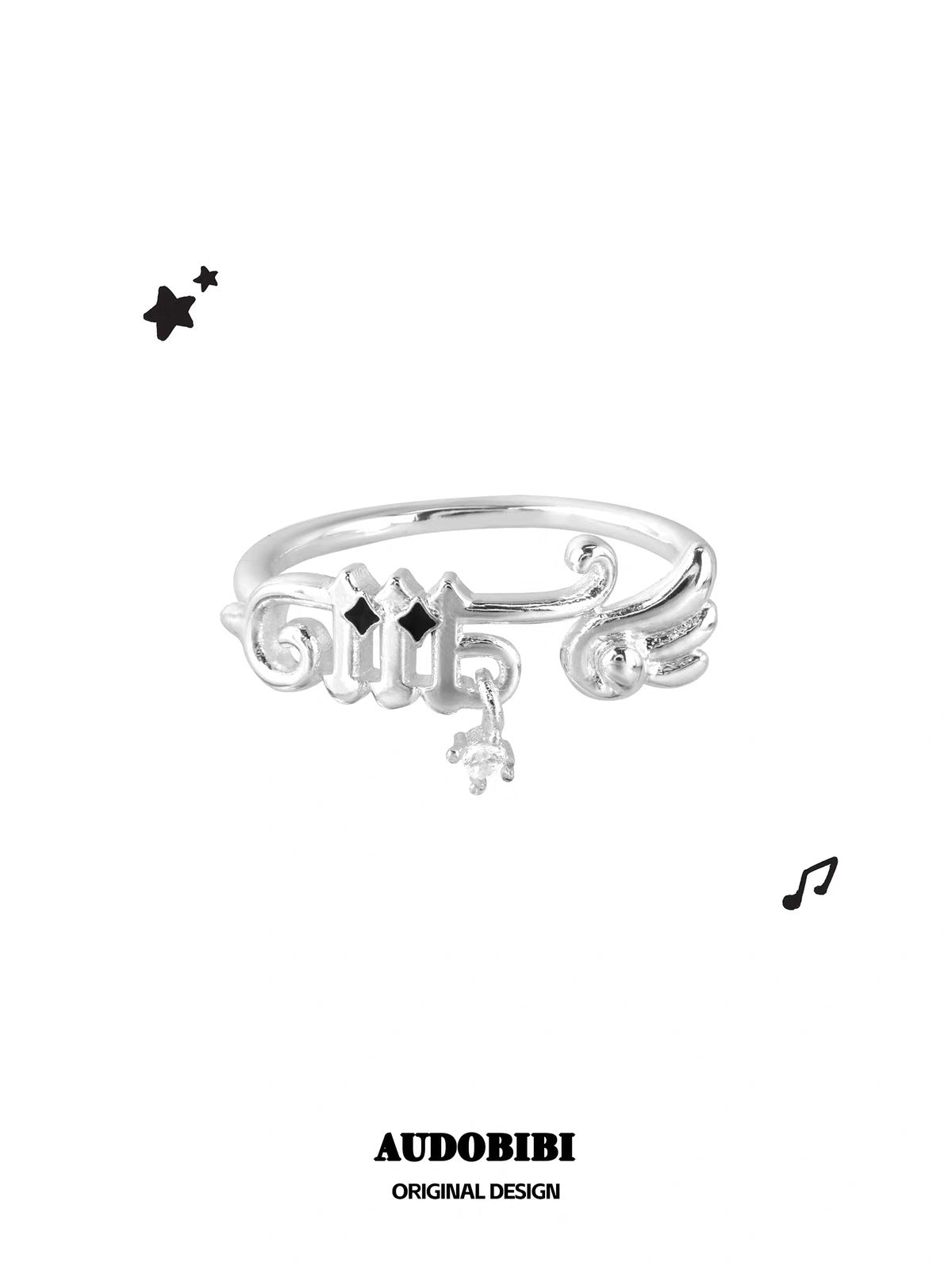 Melody Etude S925 Sterling Silver Piano Key Angel Wings Pinky Ring