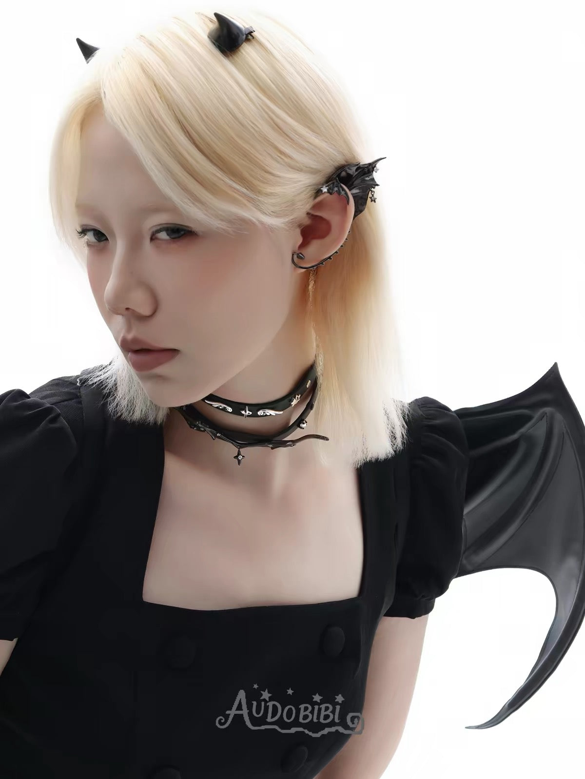 Little Devil 18K Platinum Plating Black Leather Choker (can be used as bracelet)