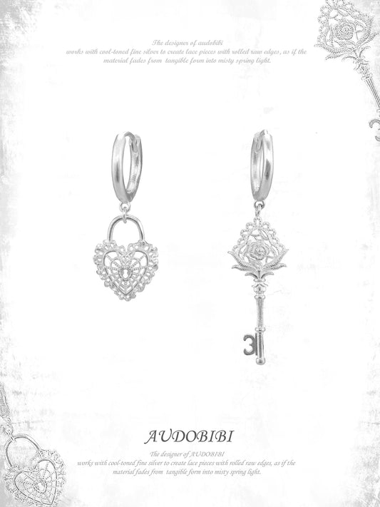 Dreaming in Lace 18K Platinum Platinum Heart Lock & Key Huggie Earrings