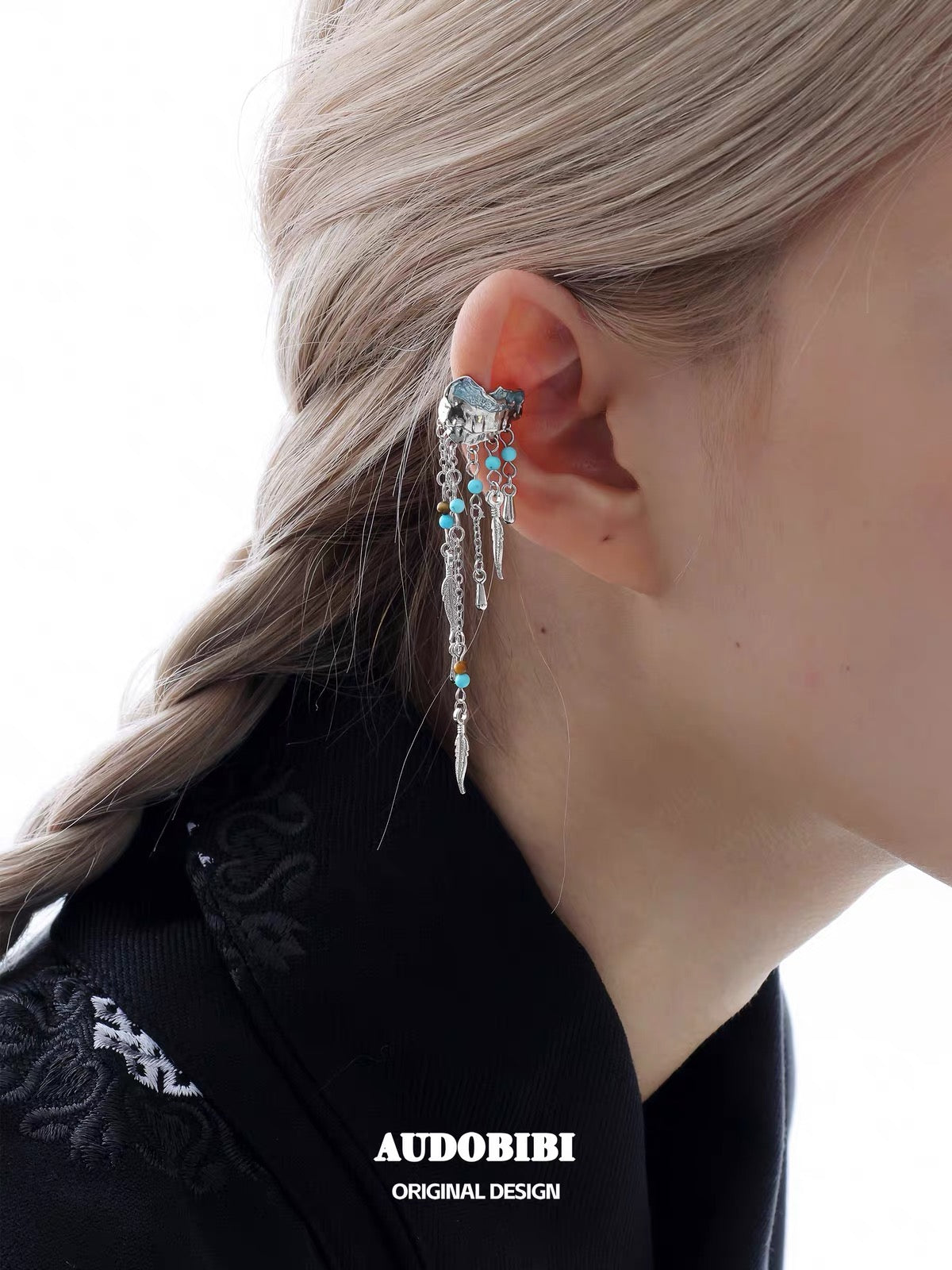 Plume Collection 18K Platinum Plating Tibet Mountain Turquoise & Tiger Eyes Tassel Earcuffs