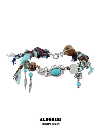 Plume Collection 18K Platinum Plating Hand-braided Cord Turquoise & Agate Bracelet