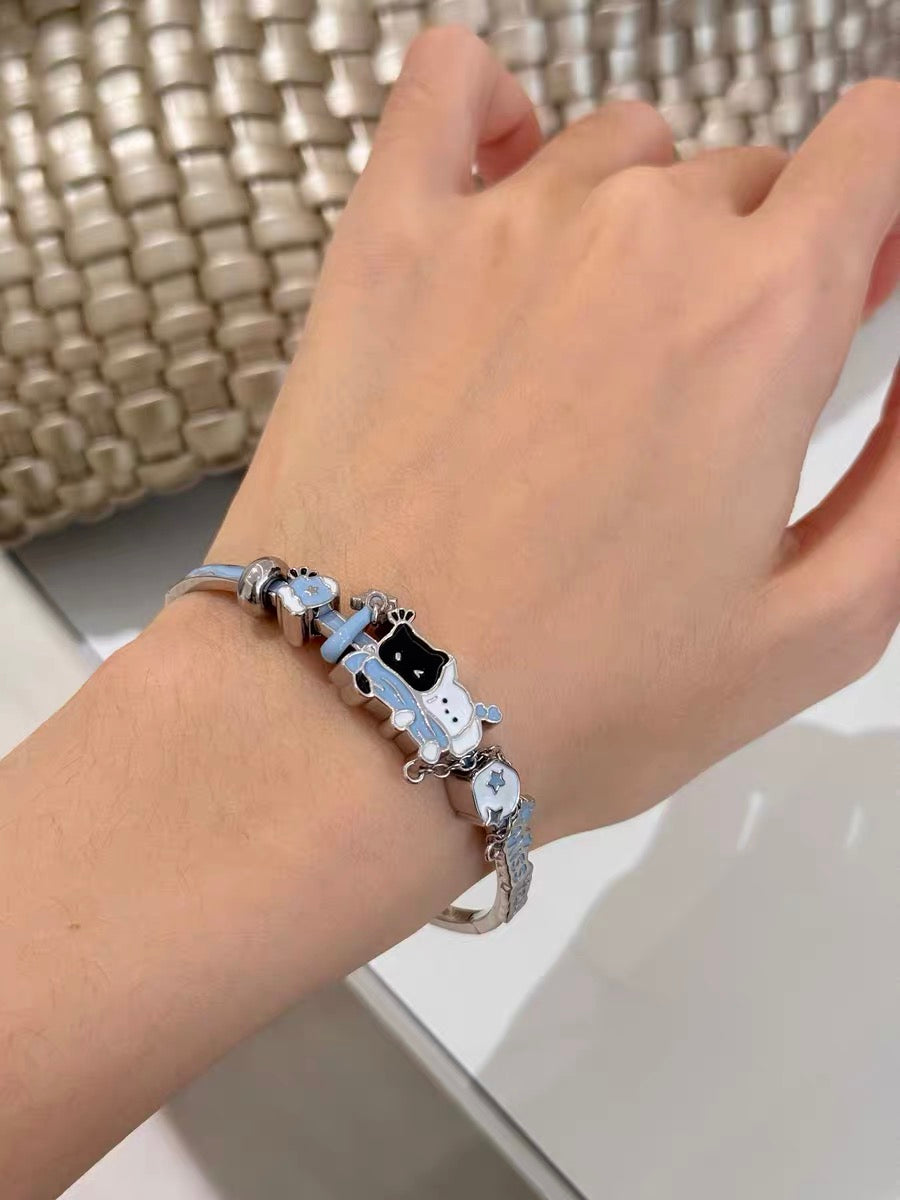 Snowy Black Cat & White Dog 18K Platinum Plating Bracelet
