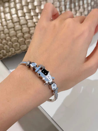 Snowy Black Cat & White Dog 18K Platinum Plating Bracelet