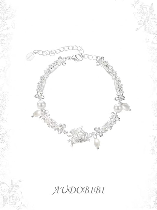 Dreaming in Lace Platinum Plating Mini Ribbon Rose & Pearl Bracelet