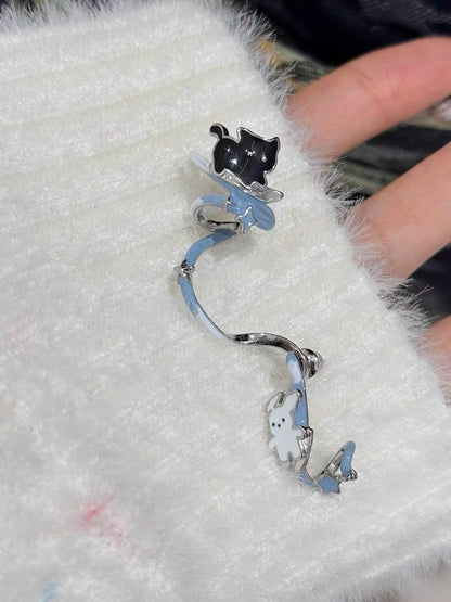 Skating in the Snow 18K Platinum Plating Black Cat & White Dog Detachable Earrings & Cuffs