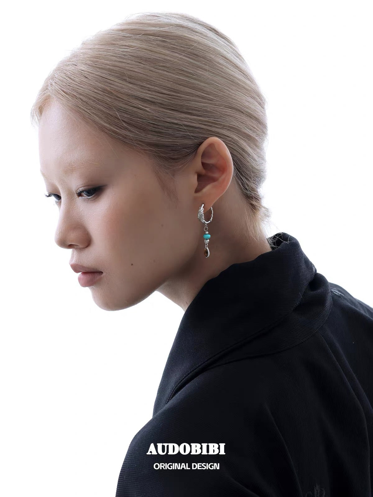 Plume Collection 18K Platinum Plating Turquoise & Tiger Eyes Stone Asymmetry Hoop Earrings
