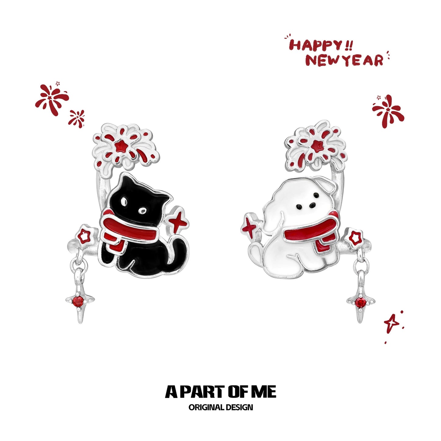 Happy New Year 18K Platinum Plating Black Cat & White Dog under the Firework Ear Cuffs