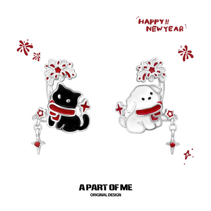 Happy New Year 18K Platinum Plating Black Cat & White Dog under the Firework Ear Cuffs