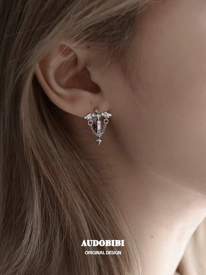Judgement Angel 18K Platinum Plating Cross Wings Huggie Earrings