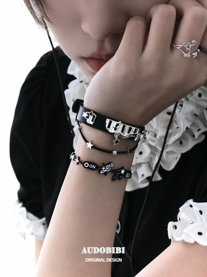 Melody Etude Faux Leather 18K Platinum Plating Black & White Piano Keys Belt Bracelet