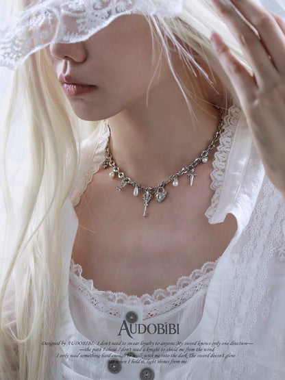 The Knight 18K Platinum Plating Key Pendant Pearl Chain Necklace