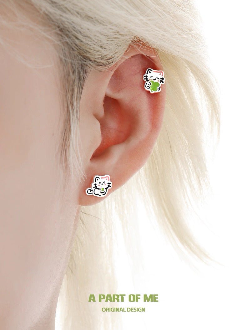 The Lucky Clover Kitten & Puppy 18K Platinum Plating Stud Earrings