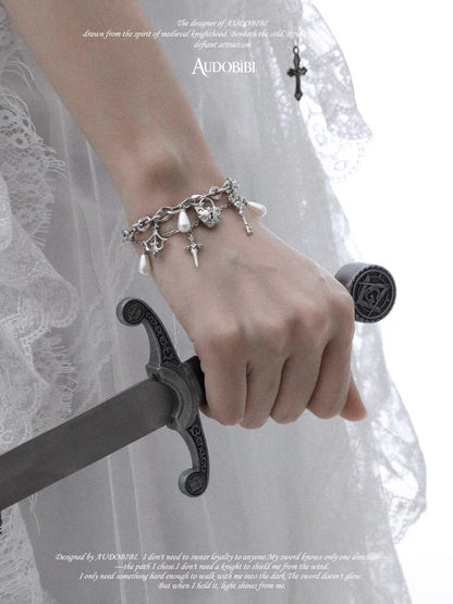 The Knight 18K Platinum Plating Lock Pendant Pearl Chain Slider Bracelet