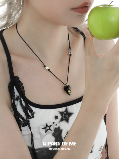 Apple Cat Black Cord Resin Black Cat & Green Apple Pendant Necklace