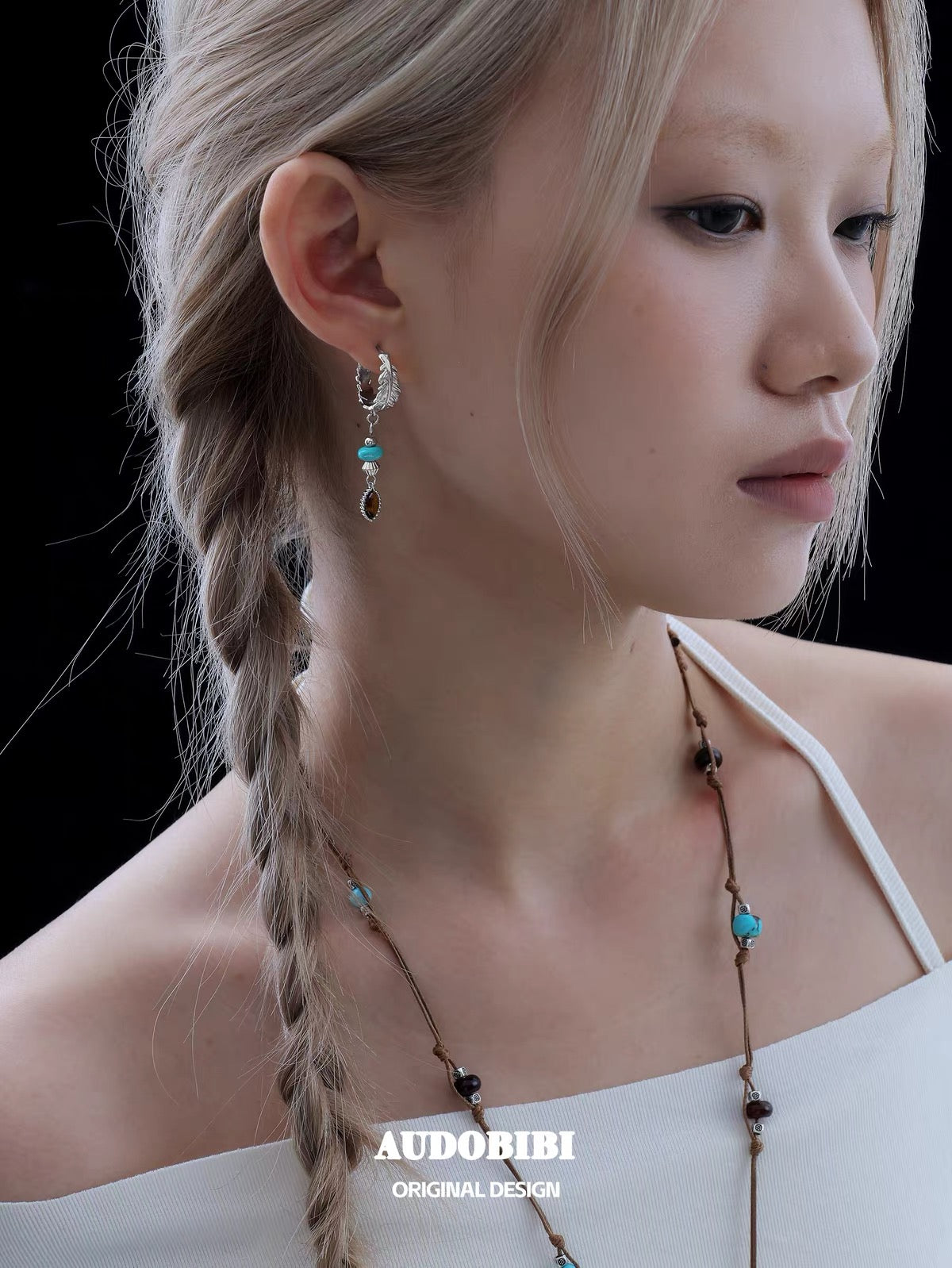 Plume Collection 18K Platinum Plating Turquoise & Tiger Eyes Stone Asymmetry Hoop Earrings