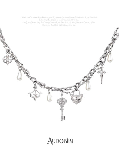 The Knight 18K Platinum Plating Key Pendant Pearl Chain Necklace