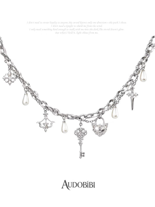 The Knight 18K Platinum Plating Key Pendant Pearl Chain Necklace
