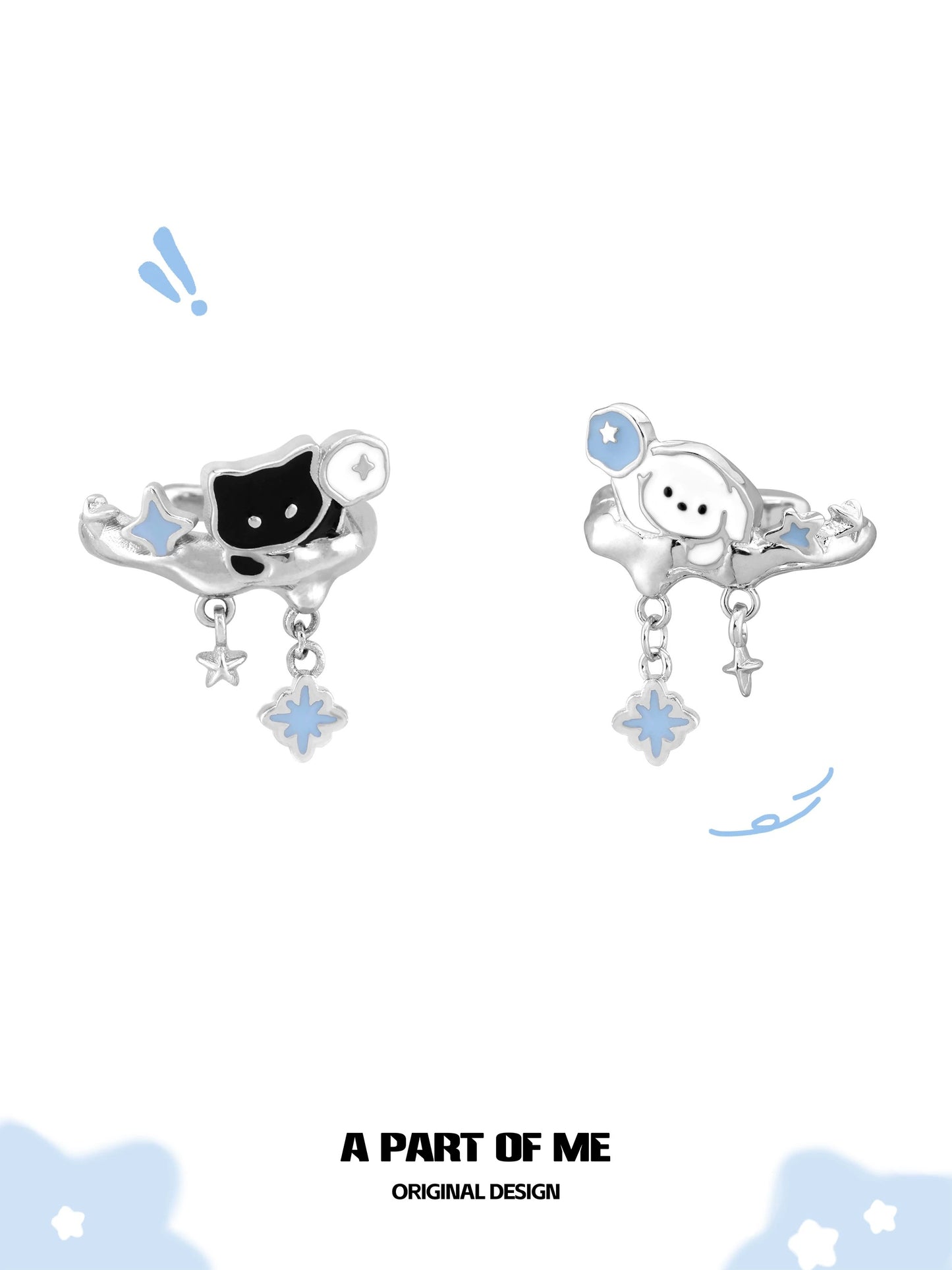 Snowy Black Cat & White Dog 18K Platinum Plating Ear Cuffs