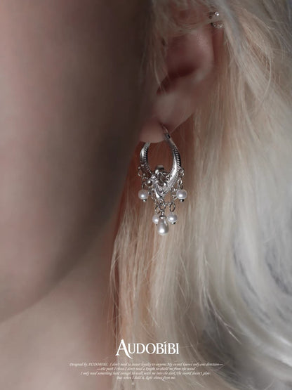 The Knight 18K Platinum Plating Fleur de lis Pearl & Tassel Hoop Earrings