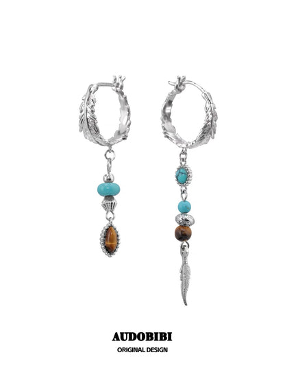 Plume Collection 18K Platinum Plating Turquoise & Tiger Eyes Stone Asymmetry Hoop Earrings