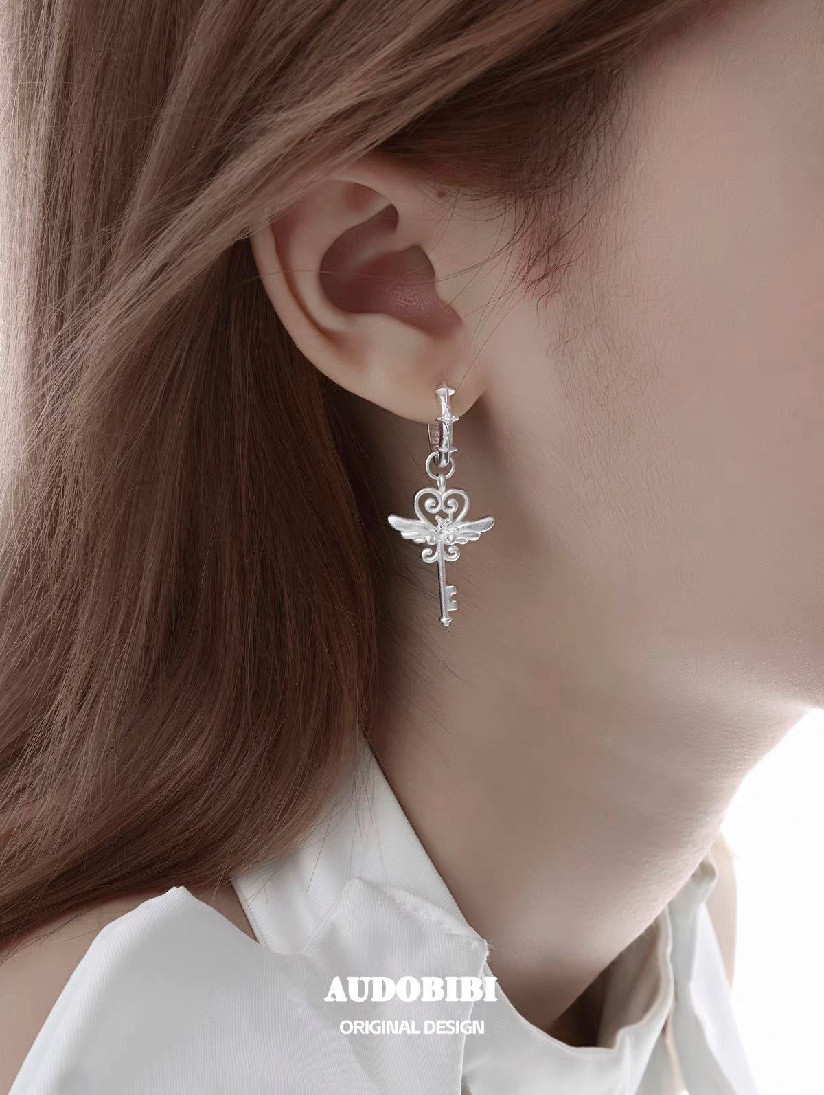 Little Devil 18K Platinum Plating Angel & Demon Heart Key Huggie Earrings