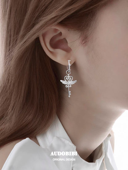 Little Devil 18K Platinum Plating Angel & Demon Heart Key Huggie Earrings